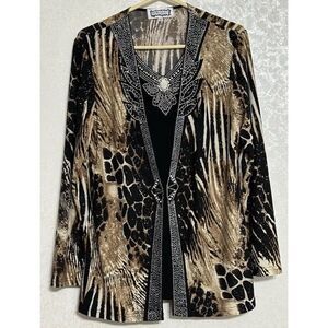 Kokomo Vintage Animal Print Layered Blouse Look Long Sleeve Rhinestones Brooch M
